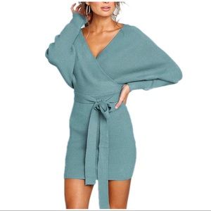 V-Neck Belted Sweater Dress in Powder Blue